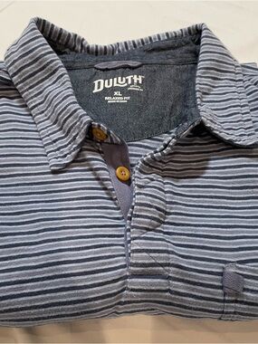 Duluth Trading Co Blue and White Striped Polo Shirt, Relaxed Fit